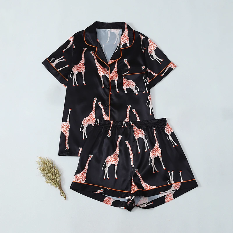 

2 шт., милый пижамный комплект с принтом жирафа, удобная одежда для сна для отдыха для женщин, летний тонкий топ с короткими рукавами, шорты, домашняя одежда