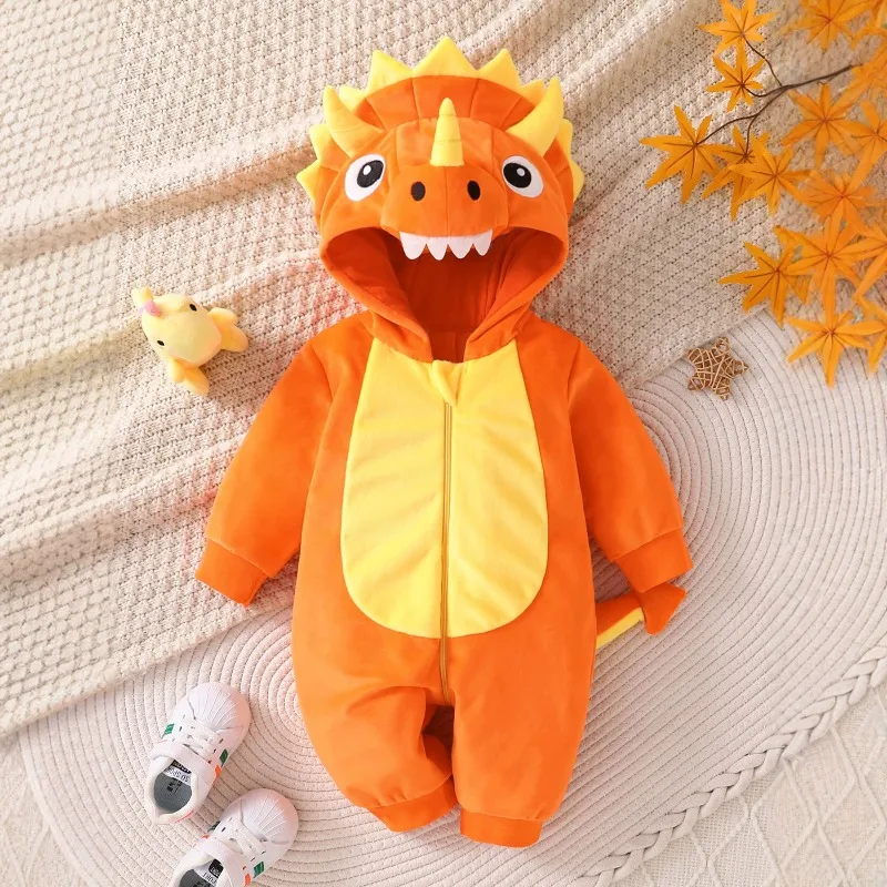 Cute Newborn Orange Dino Romper Hooded Fluffy Warm Bodysuit Infant Toddler One-Piece Jumpsuit Animal Costume Baby Clothes