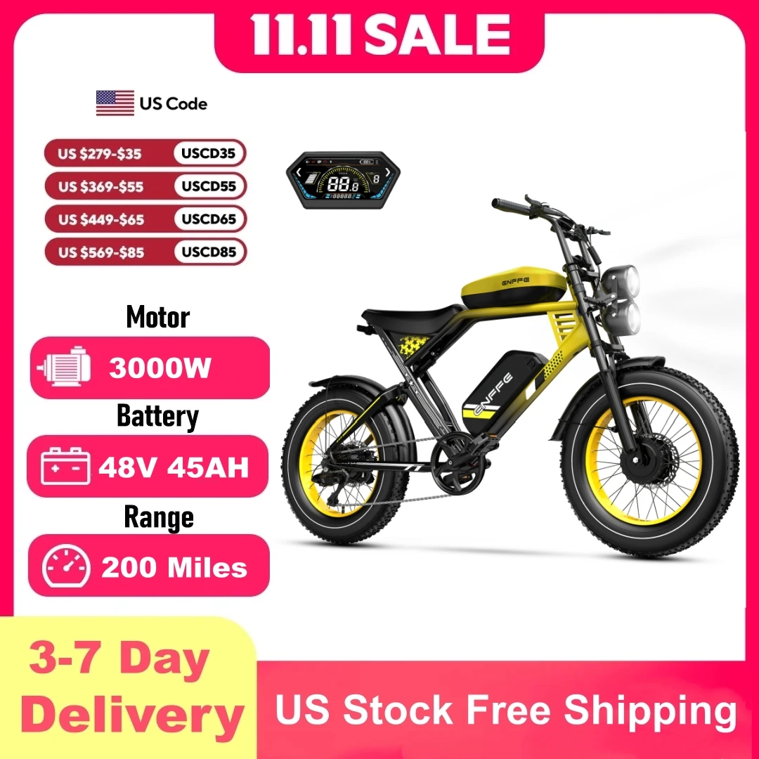 3000W electric bicycle 20 inch fat tires off road 48v 45ah 32MPH 200miles 7-speed oil brake LCD display with NFC start BMS Ebike