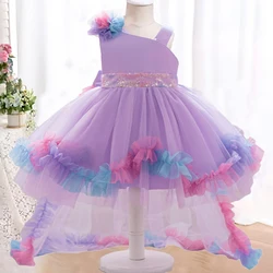 Kids Purple Lace Evening Trailing Party Dress Baby Girl Flower Wedding Princess Dresses Toddler Tulle Fluffy Summer Gown Clothes