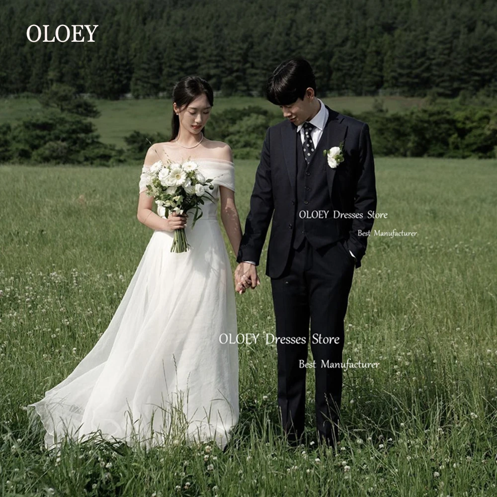 

OLOEY Sexy Off the Shoulder Silk Organza Korea Wedding Dresses Photo Shoot Sleeves Lace Up Back Bridal Gowns Country Simple