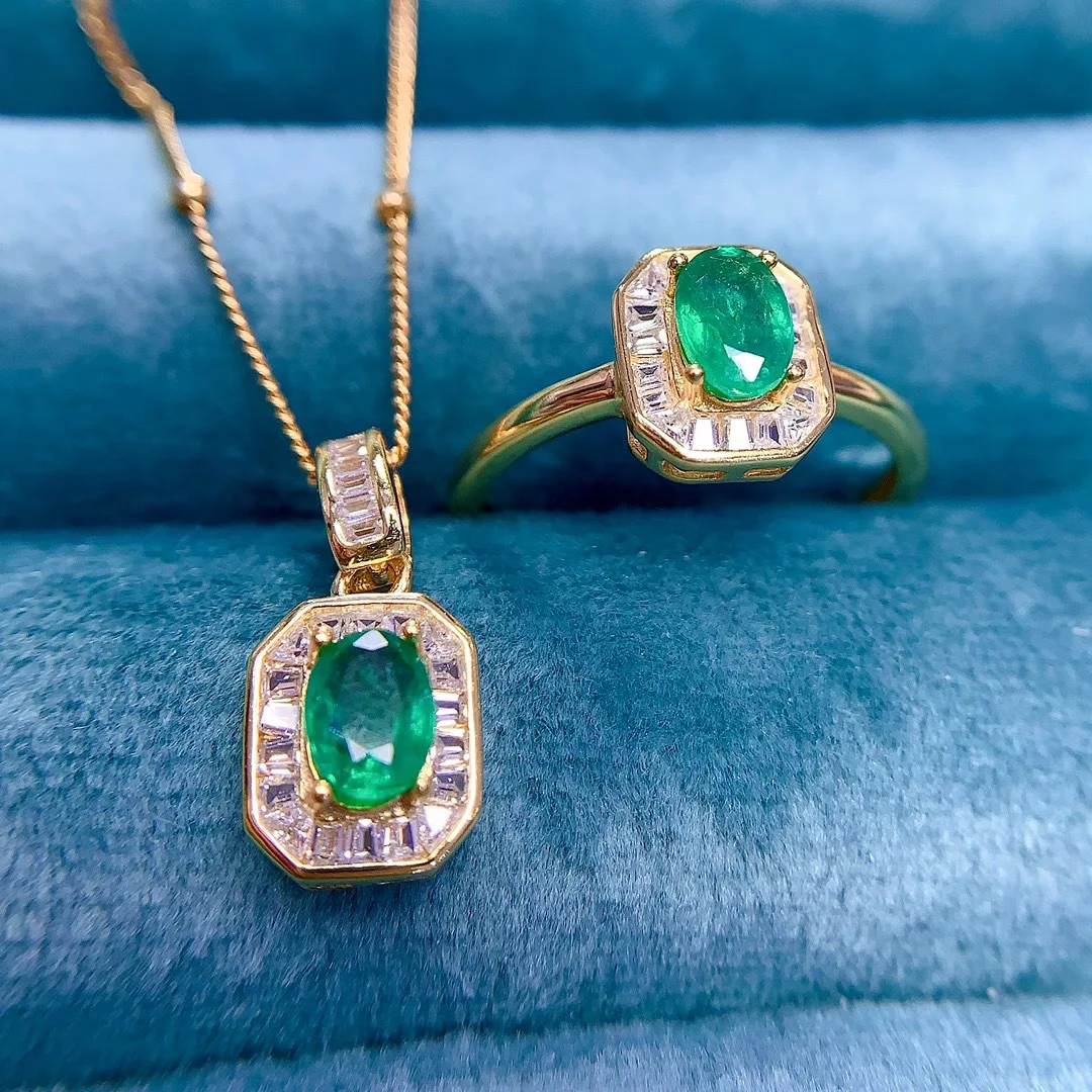 4x6mm Oval Natural Emerald Ring Pendant Set, Handmade 925 Sterling Silver Ring Spessartite Ring, Gift for Her, Anniversary Gift