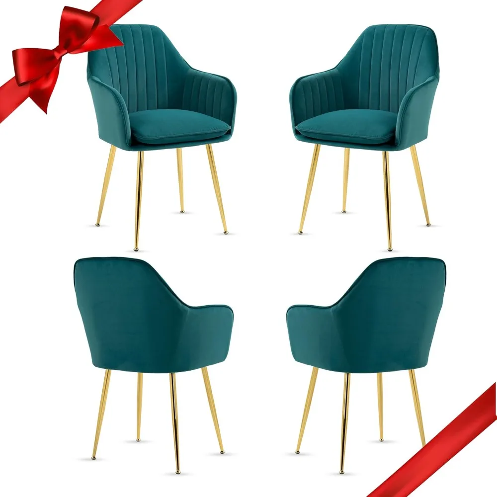 

Velvet Dining Chairs Set of 4, Modern Arm Chair with Golden Metal Legs, Living Room Accent Chairs for Kitchen, Emerald Green