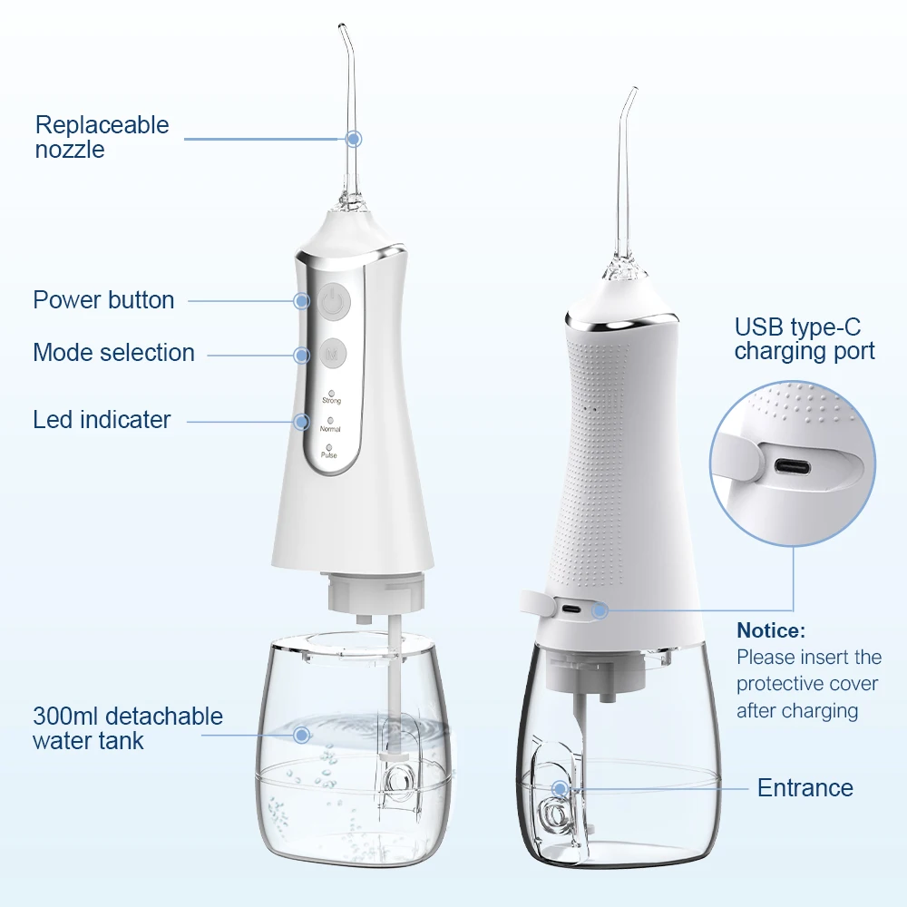 Irrigatore orale dentale filo interdentale filo denti Pick bocca lavatrice 5 Nozzels 3 modalità USB ricaricabile 300ml serbatoio