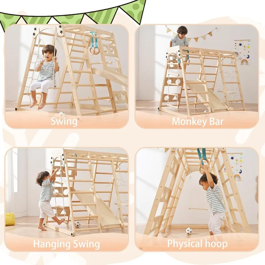 Juego de escalada plegable para niños pequeños 12 en 1, con tobogán, red de roca, barras de mono, tablero de dibujo, columpio y recogedor