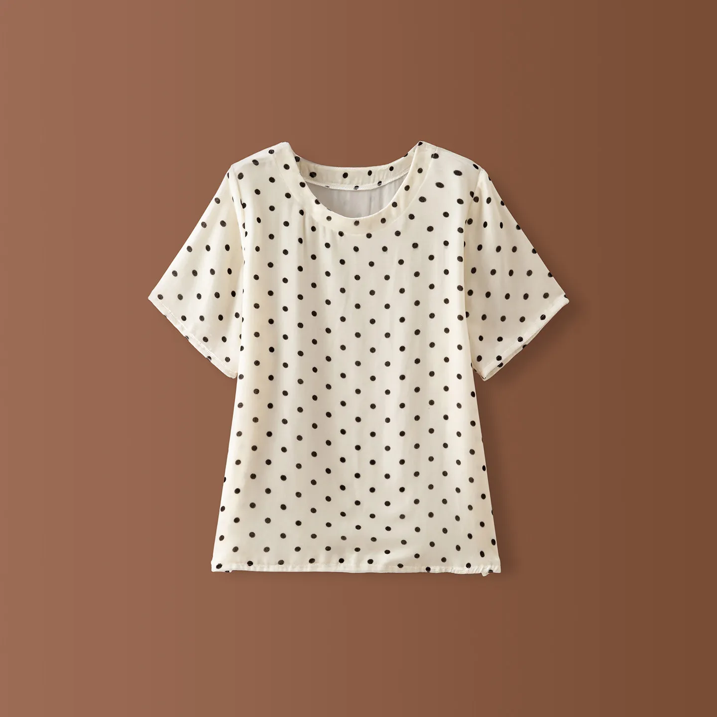 Winsleter-Silk Velvet Elegant T-Shirt, O Neck Short Sleeve Dot, Women Hepburn Style Retro Casual Loose Top, 2026 Autumn T68732CC