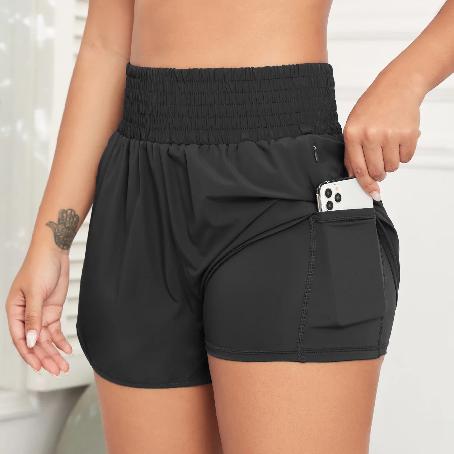 CHRLEISURE Women's Running Shorts with Zipper Pockets Quick-Dry Gym Shorts with Liner Elastic Waist Band Athletic Shorts