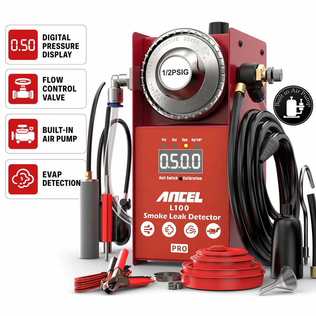 Détecteur de fuite de fumée pour voiture ANCEL L100 Pro 12V avec pompe à air, manomètre numérique, analyseur de fuite de carburant, outils d'analyse de fuite EVAP