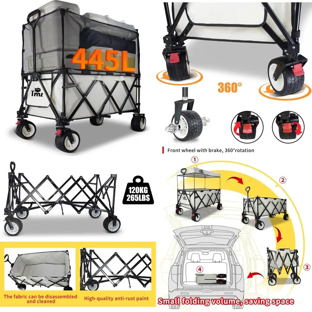

Очень большой сверхмощный складной универсальный тележка с вездеходными колесами, навесом и тормозами для активного отдыха и пляжного использования.