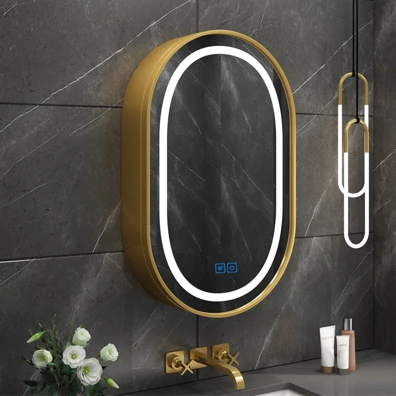 Decor Mirrors Wall Mounted Makeup Cabinet Storage Oval Mirror Intelligent LED Light Mist Removal Dressing Bathroom Decor Mirror