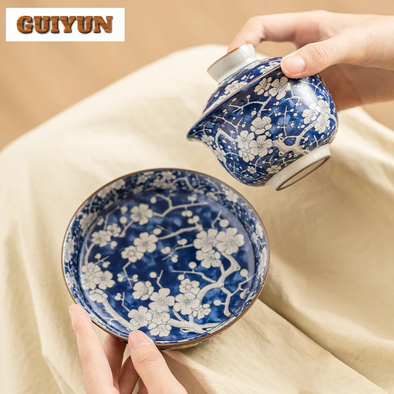 100ml High-end Ru Kiln Gold Ingot Gaiwan Vintage Ice Plum Blue And White Tea Tureen Tea Maker Cover Bowl For Tea Supplies Craft