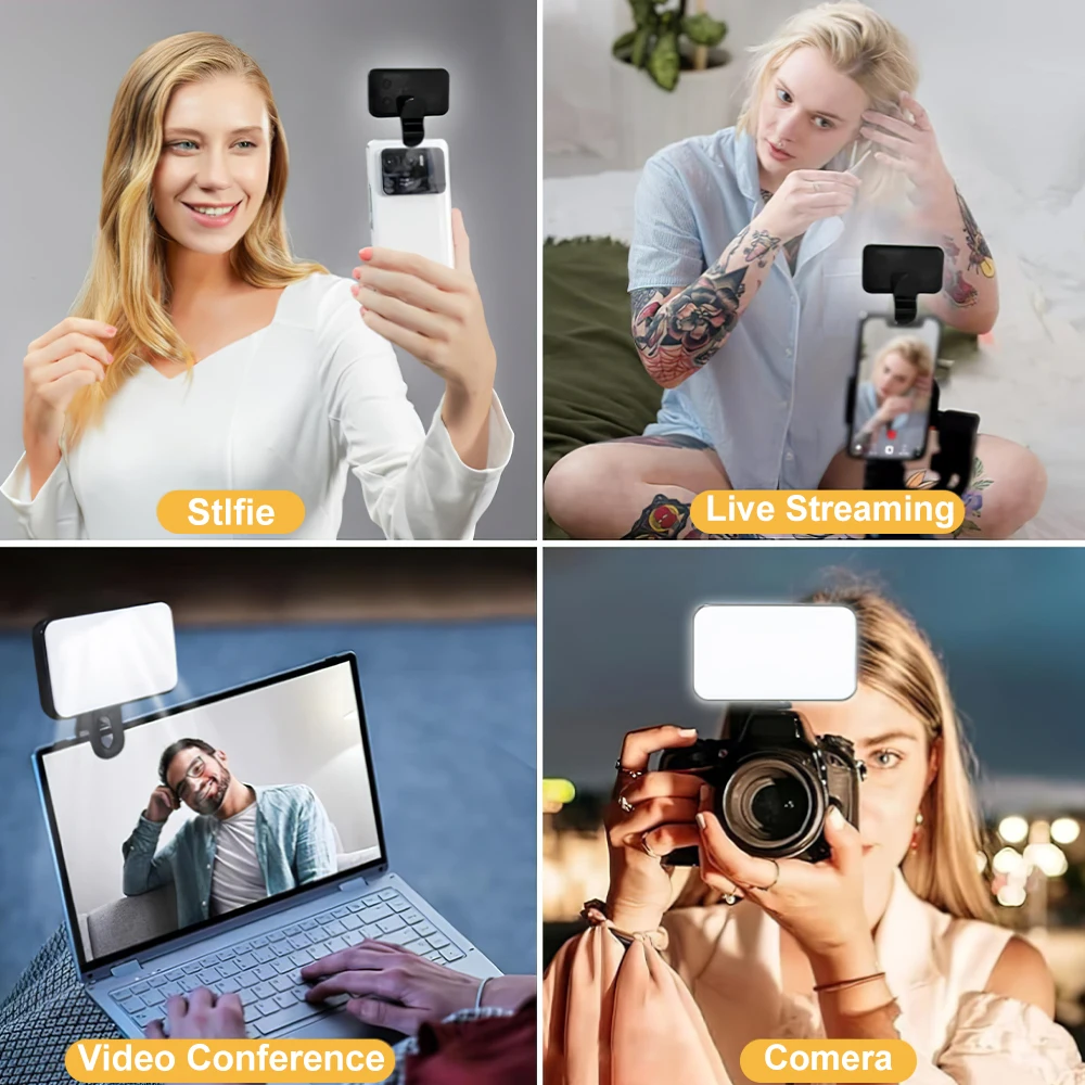Mini Selfie Fill Light Rechargeable 3 Color Modes Adjustable Brightness Clip on Mobile Phones Computers Photography LED Lights
