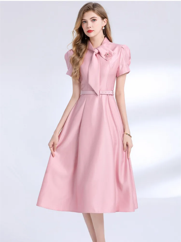 

Elegant Bow Tie Beaded Formal Evening Dress Women Summer Solid Satin Short Sleeve Slim Ball Gown Long Dresses Party Vestidos