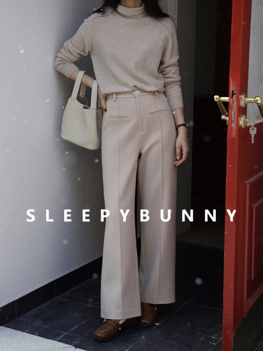 Wool Wide Leg Pants High Waist Straight Trousers for Women Winter French Tailored Bottoms Casual Chic Commuter Versatile Outfit
