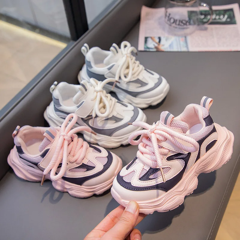 

2024 New Girls Sneakers Children Fashion Lace-up Stripe Kids Mesh Sport Shoes for Boys Non-slip Kids Running Shoes Breatheable