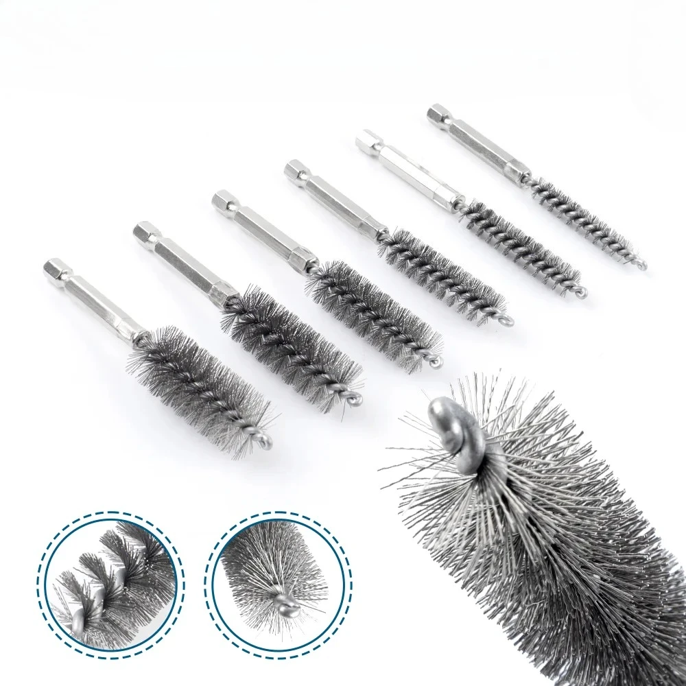 6Pcs Stainless Steel Wire Brush Set with 1/4 Inch Hexagonal Handle for Drilling Cleaning Grinding Polishing Rust Removal