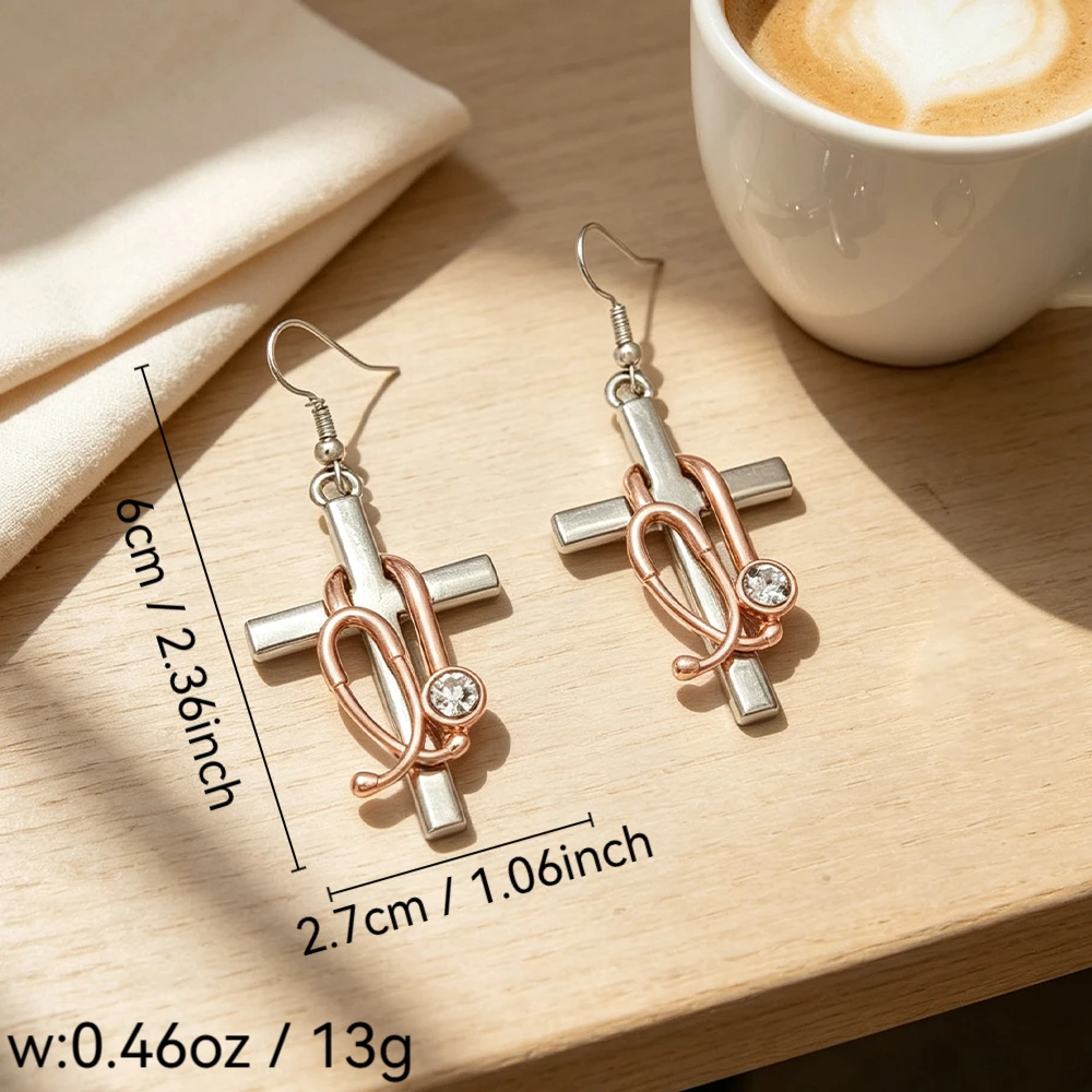 Two-Tone Spliced Stethoscope Cross Dangle Earrings, Medical-Themed Rhinestone-Studded Stethoscope Metal Earrings, Everyday Fashion Accessory