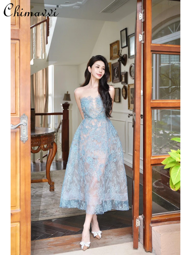 Abito senza spalline trasparente con paillettes a fiori 3D patchwork di pizzo leggero di lusso da donna 2025 Nuovi abiti lunghi per feste di compleanno con fata pesante