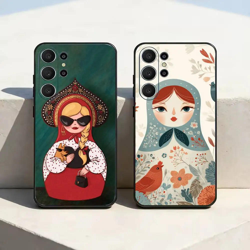 Adorable Russian Folk Art Doll Phone Case Black Silicone Soft For Samsung S25,S24,S21,S22,S23,S30,Ultra,S20,Plus,Fe,Lite