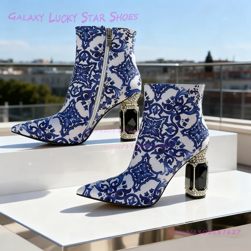 

Dark Heel White Blue Floral Graffiti Ankle Boots Women Red Floral Print Ethnic Casual Yellow Crystal Ankle Calf Booties Shoes