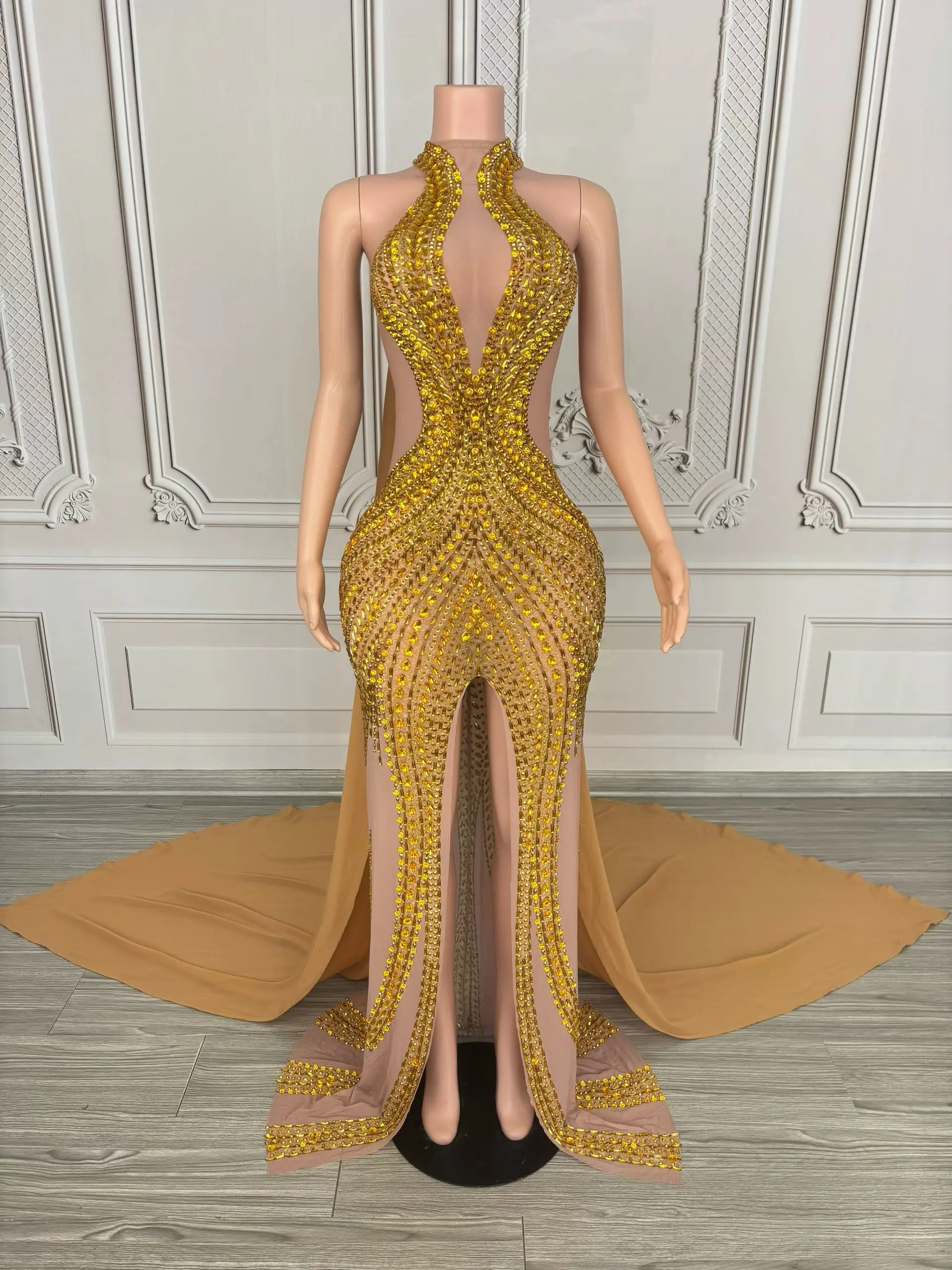 Jinchan Sparkling Gold Diamond Evening Gown Fashion Women high-end Dress Bespoke Occasion Dress Wedding Birthday Prom Gowns