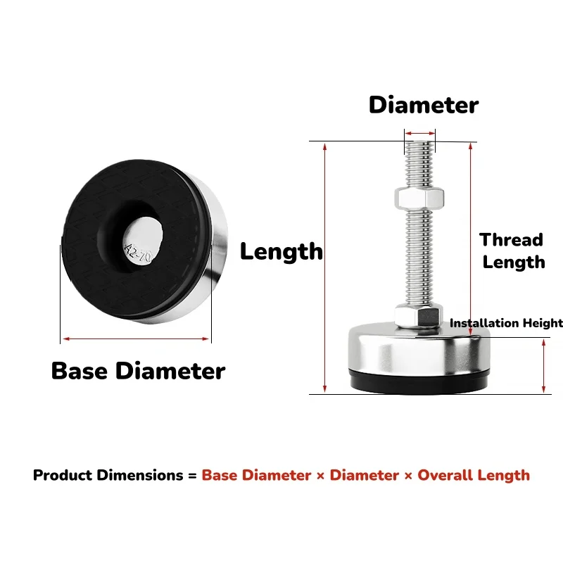 54/62/82mm 304 Stainless steel Adjustable Furniture Levelling Feet Screw And Slip-proof M10 M12 M14 M16 M18 M20 Thread