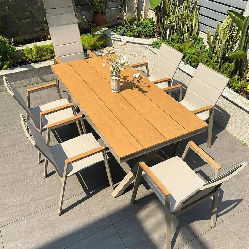 

Nordic outdoor aluminum alloy plastic wood table and chair courtyard villa double-layer teslin mesh cotton outdoor waterproof an