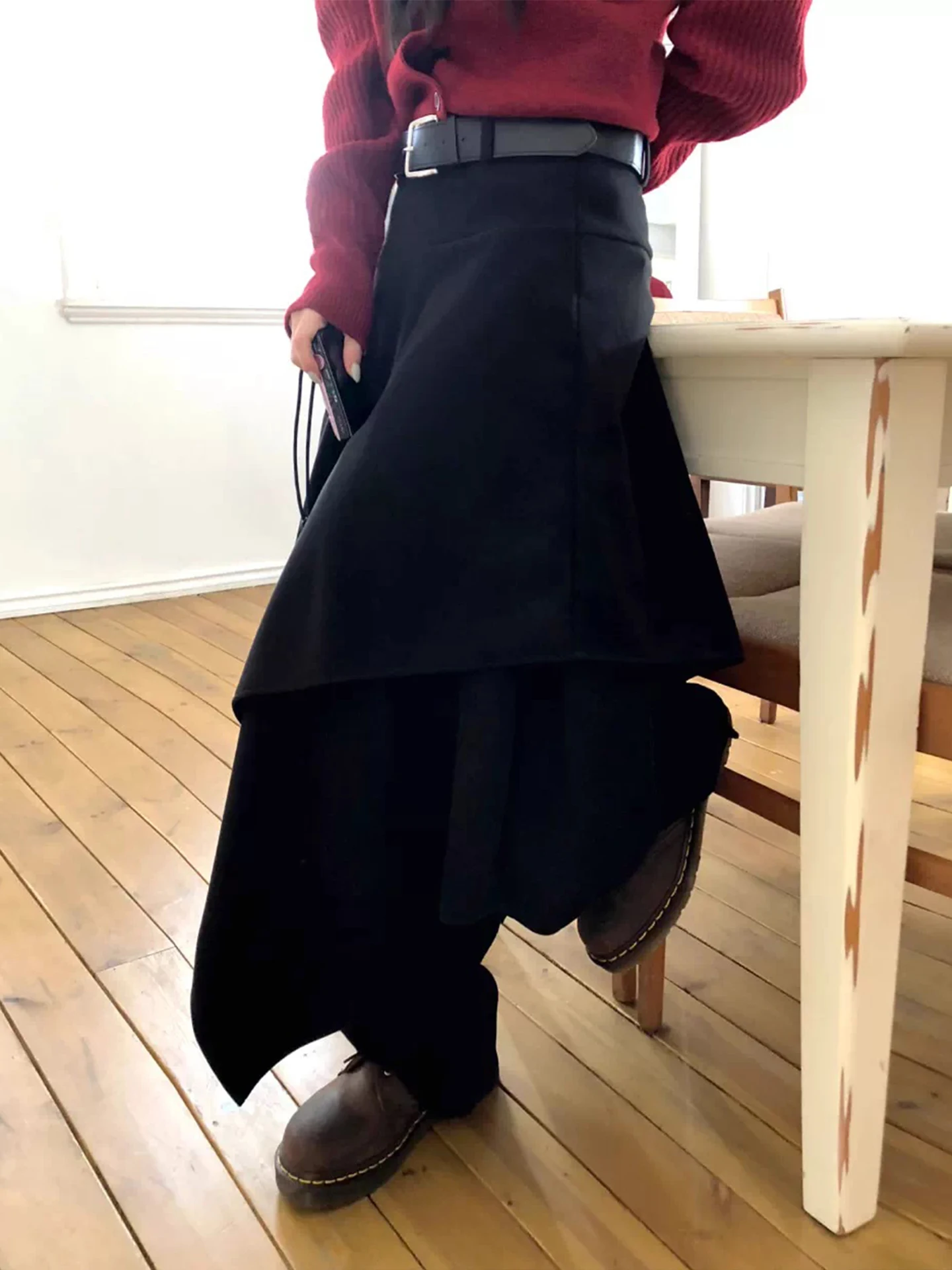 

Новая весенняя шерстяная юбка А-силуэта с высокой талией для женщин: асимметричная, универсальная, стройнящая, из полиэфирного волокна, свободного кроя