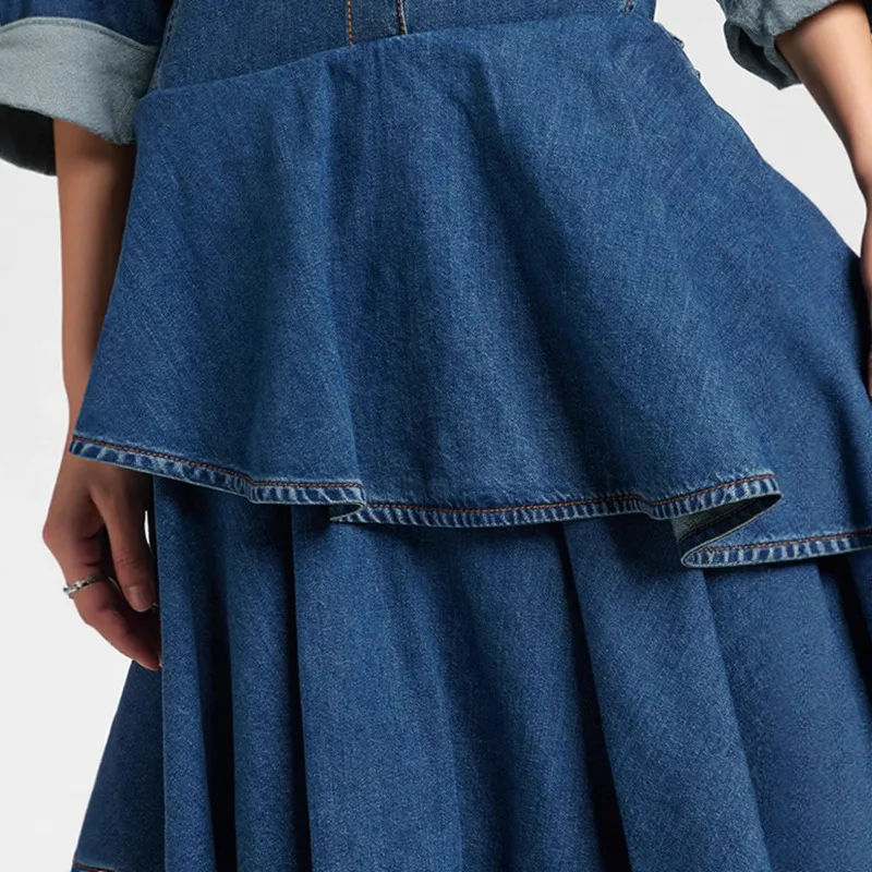 EAEOVNI luxe bleu Denim jupe pour femmes plis volants Patchwork conception asymétrique une ligne jupes longues Streetwear 2025 nouveau