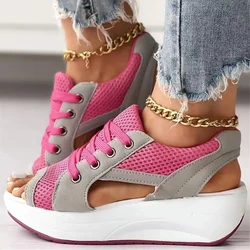 Wygodne buty na platformie buty z siatką damskie letnie z wystającym palcem z wycięciem i siatką Damskie codzienne gruba podeszwa sznurowane sandały sportowe Plus Size