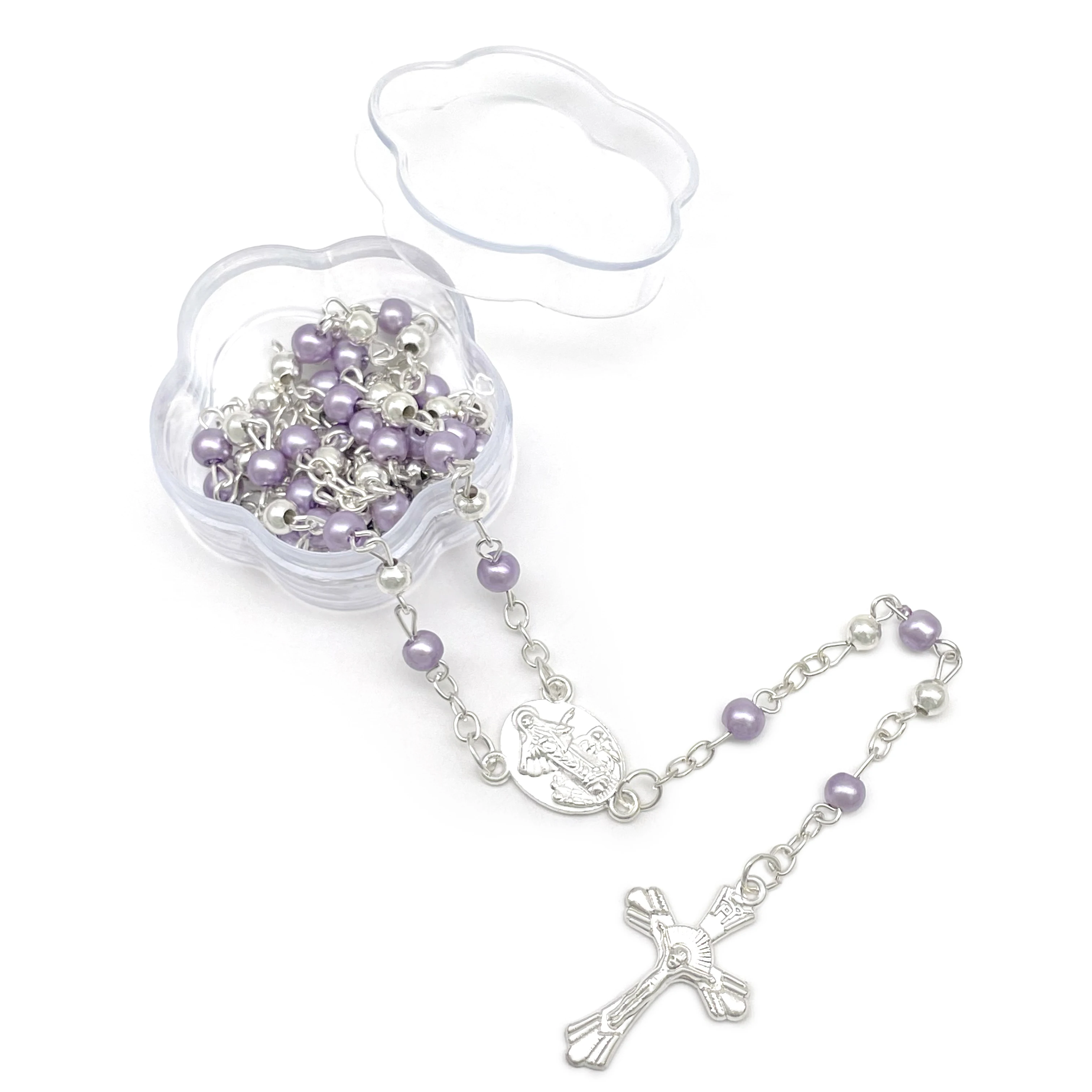 

Our Lady of Medjugorje Pearl Beads with Cross Rosary in beatiful petal box Recuerdos de Bautizo Sweet 15/1st Holy Communion