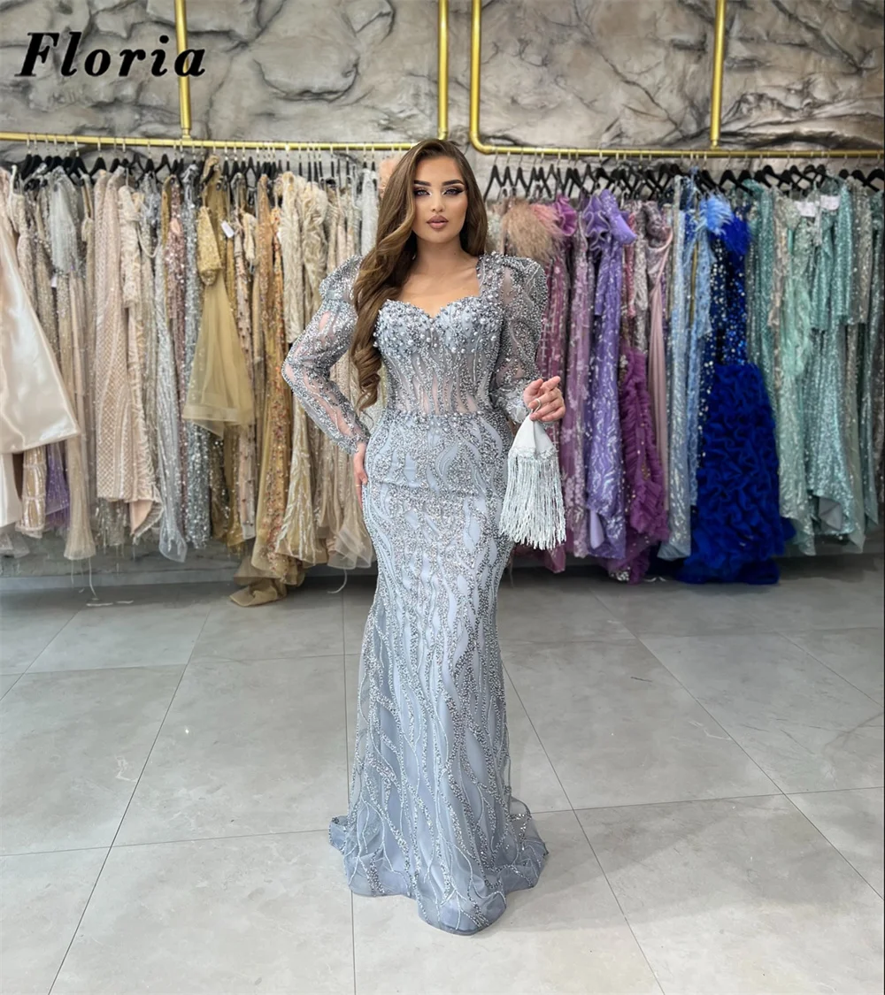 

New Arrival Grey Long Sleeves Evening Dresses Handmade Beaded Sequins Wedding Party Dress For Women Robes De Soiree Dubai Prom