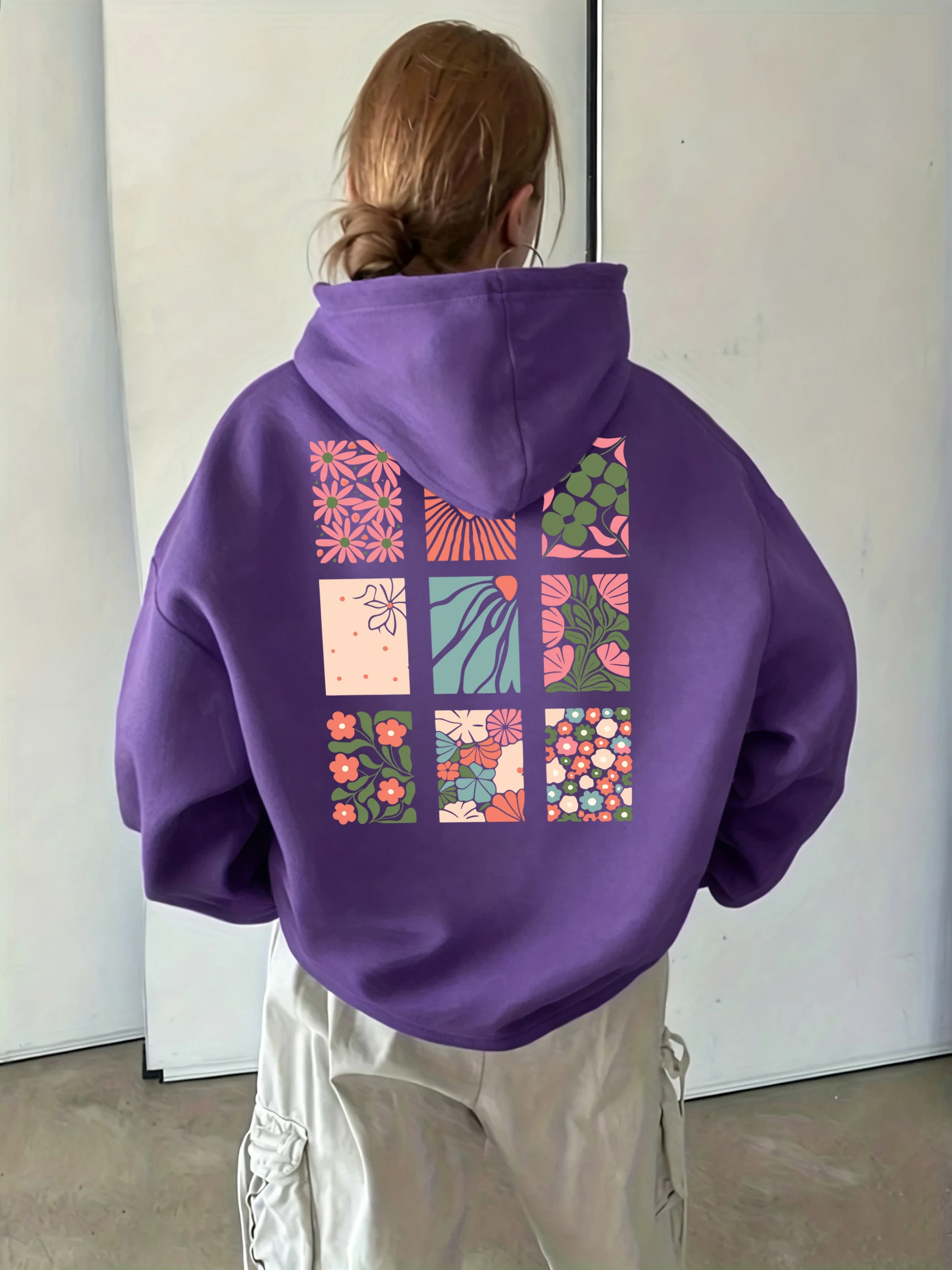 Floral Heart Abstract Botanical Prints Women'S Hoodies Autumn Fleece Hoody Loose Y2K Pullovers Casual Korean Female Streetwear