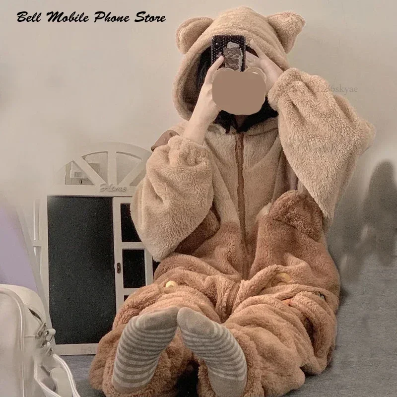 Flannel Anime Onesie Adults Animal Pijama Pajamas Set Women Men Cosplay Halloween Cartoon Pyjama Adults Winter Bear Sleepwear