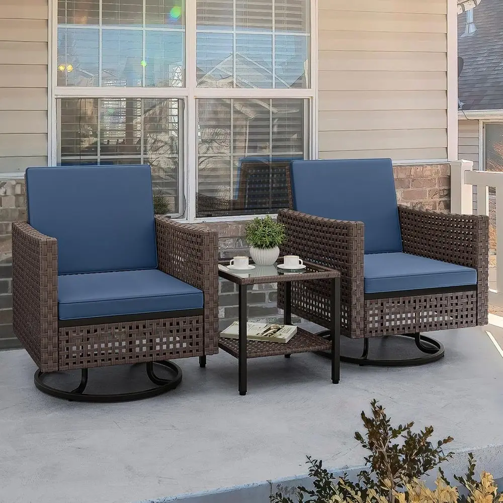 3-Piece Swivel Wicker Patio Set with Rattan Side Table and Cushions, Blue