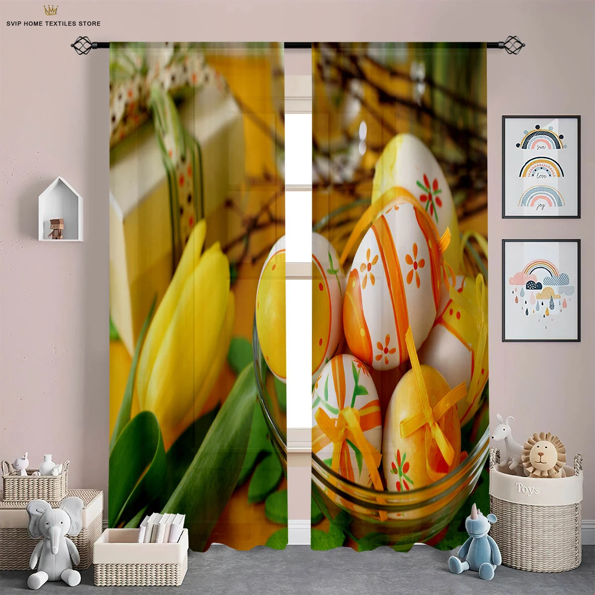 2 Pieces Easter Decorative Curtains Bunny Colored Eggs Cartoon Printed Curtains Bedroom Dining Room Holiday Decorative Curtains