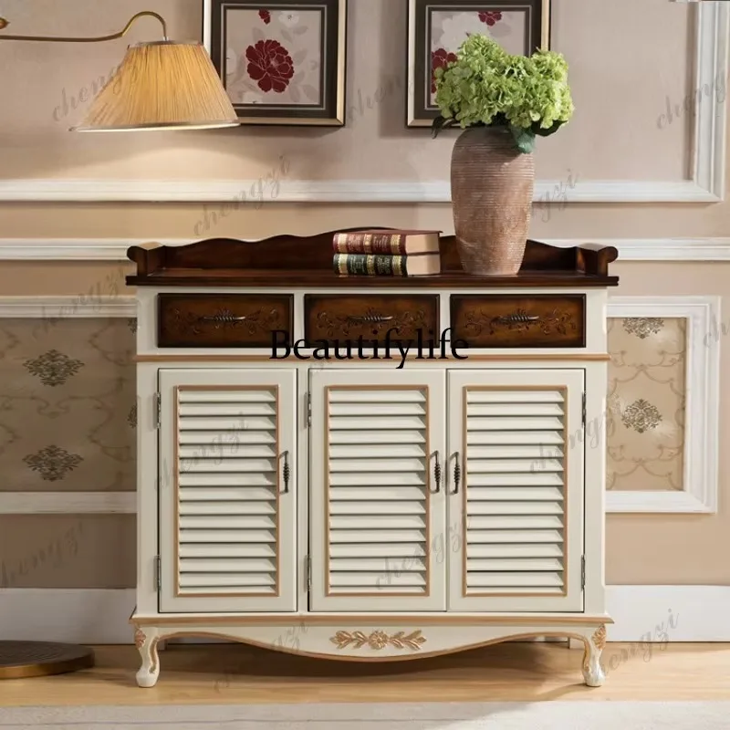 CC182 American shoe cabinet retro solid wood shutters breathable shoe rack door locker porch partition