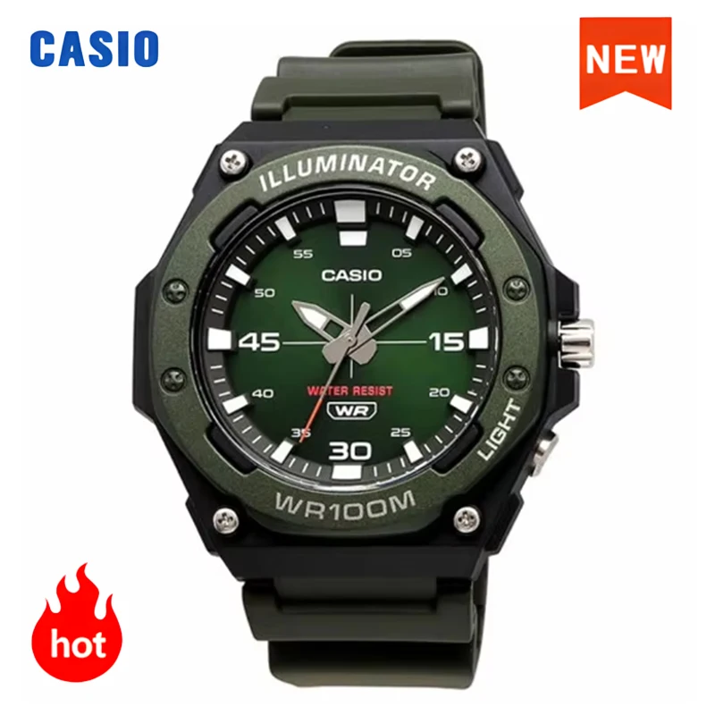 ساعة كاسيو للرجال، ساعة رياضية خارجية عصرية مقاومة للماء، ساعة كوارتز للرجال بمؤشر قرص أخضر مضيء