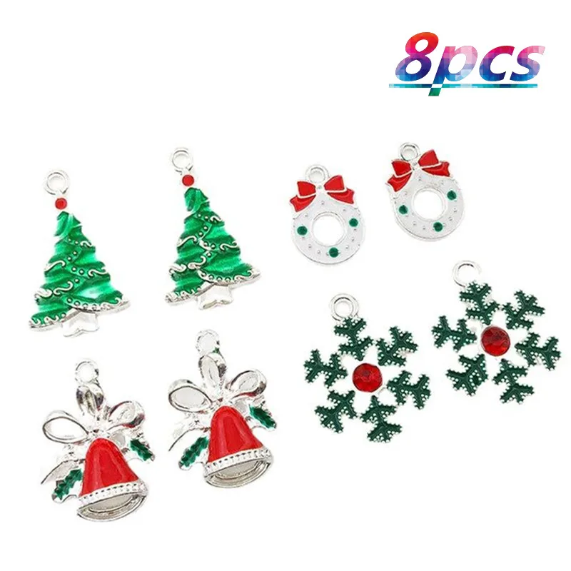 8pcs Christmas Decoration Pendant Bracelet Necklace Key Ring Jewellery Decor Accessories Christmas Tree Snowflake Alloy Pendant