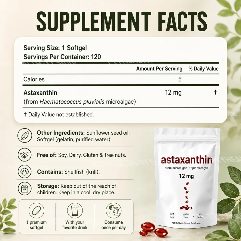 Astaxanthin 12 Mg Gelatin Softgels From Microalgae, Antioxidant Support, Gluten Free, GMO Free, Easy To Swallow, 120 Softgels