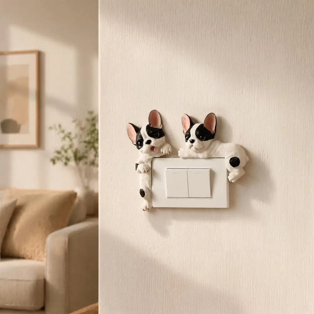 3D French Bulldog Resin Light Switch Cover Cute Cartoon Dog Wall Socket Decor Self Adhesive Animal Switch Plate Sticker Home view 3