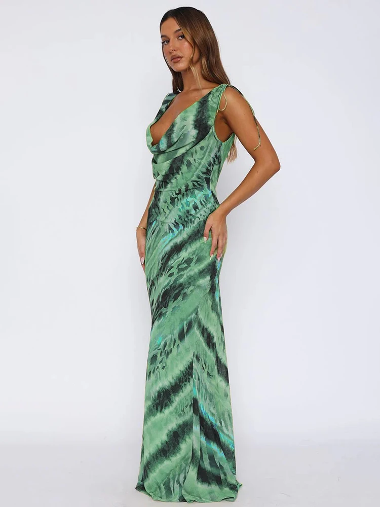 VC Artful Green Tie-Dye Abito lungo senza maniche con collo ad anello per abito da festa estivo in giardino