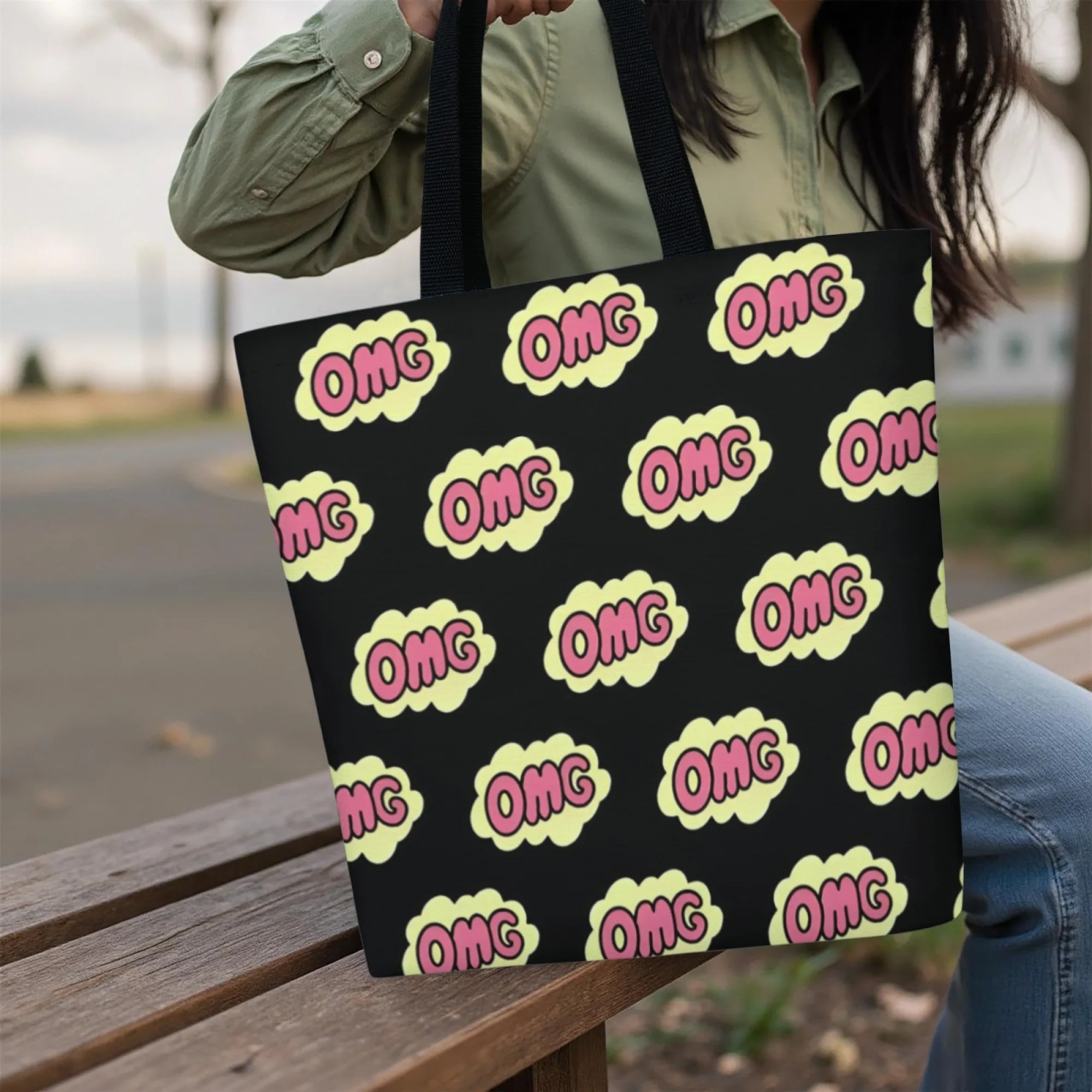 Women's Minimalist Vibrant Pop Art Canvas Tote Bag Black "OMG" Shoulder Bag for Women Reusable Shopping Bag for Daily Shopping