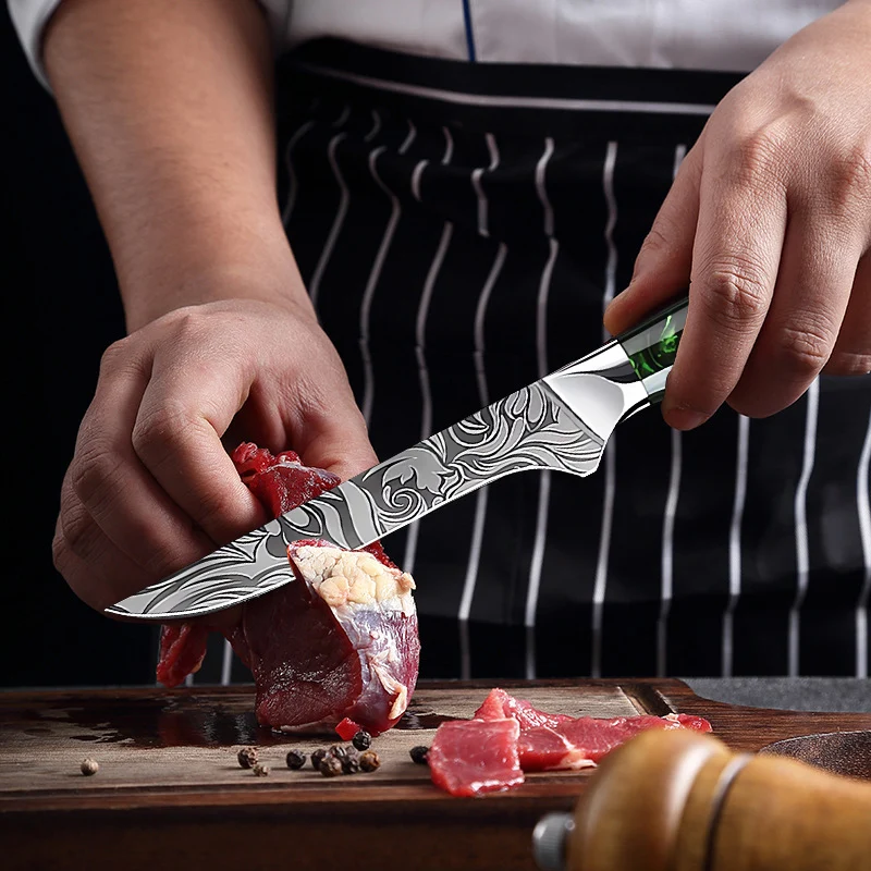 Super Sharp Damascus Pattern Kitchen Knife Set High Quality Chef Santoku Boning Paring Knife Series Green Resin Handle Nice Gift