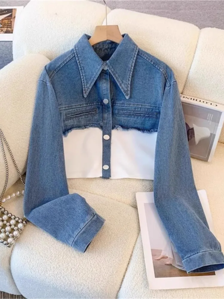 الأزرق المرقعة السراويل مجموعات النساء أزياء طويلة الأكمام واحدة الصدر سترة قصيرة مستقيم السراويل قطعتين مجموعة الإناث الجديدة