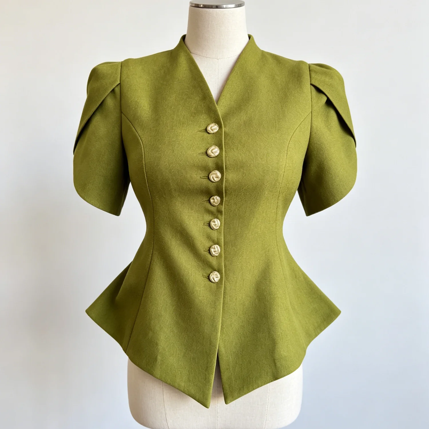 V-Neck Peplum Blazer Top with Puff Sleeves and Buttons