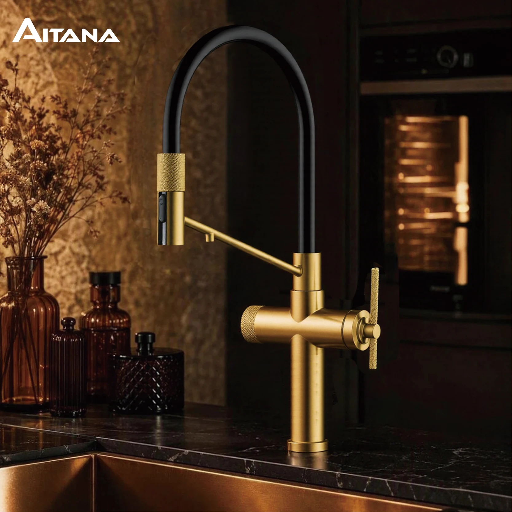 Modern Gun Grey Brass 3-in-1 Single Hole Kitchen Faucet Separate Filter Water Tap Pull Out Sprayer Hot&Cold Sink Mixer Tap