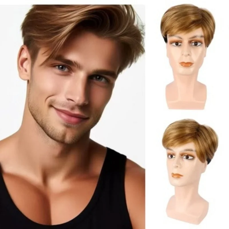 

New men's wig, brown side-parted short straight hair, fashionable daily synthetic fiber headpiece