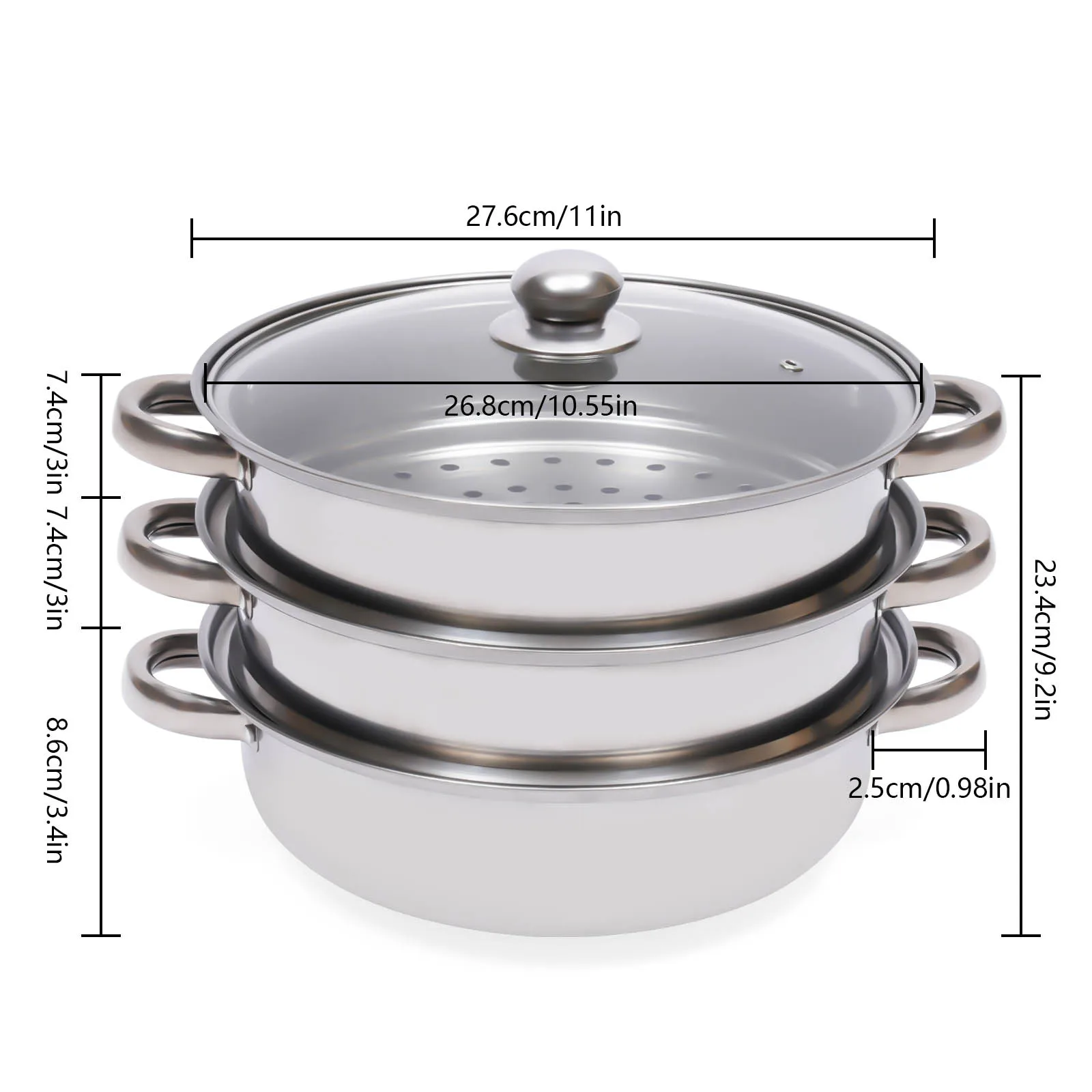 28cm 3-Tier Stainless Steel Steamer Cooker Pot Set with Glass Lid