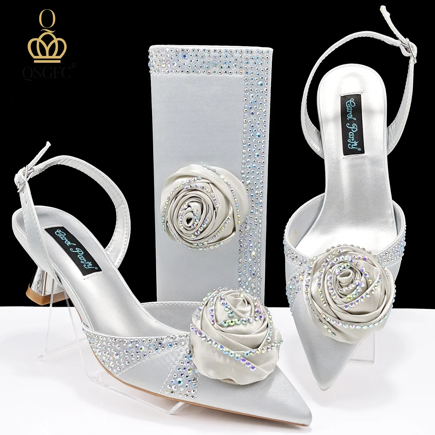 Hot Selling Elegant Silver Color Handmade Flowers Decoration Design Style High Heel Lady Shoes and Bag Set for Party Wedding